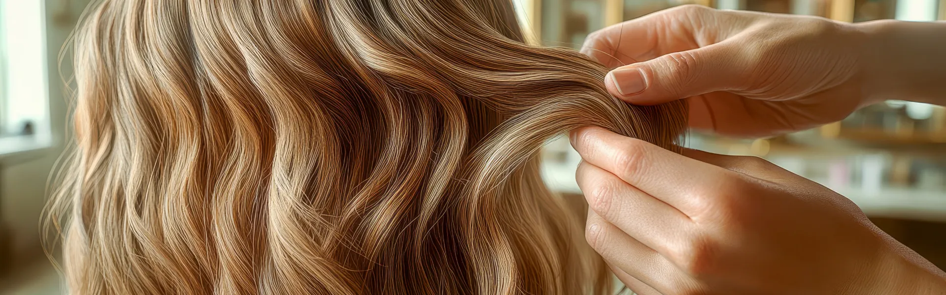 Cheveux blonds ondulés coiffés en salon de coiffure - Envie Dhair